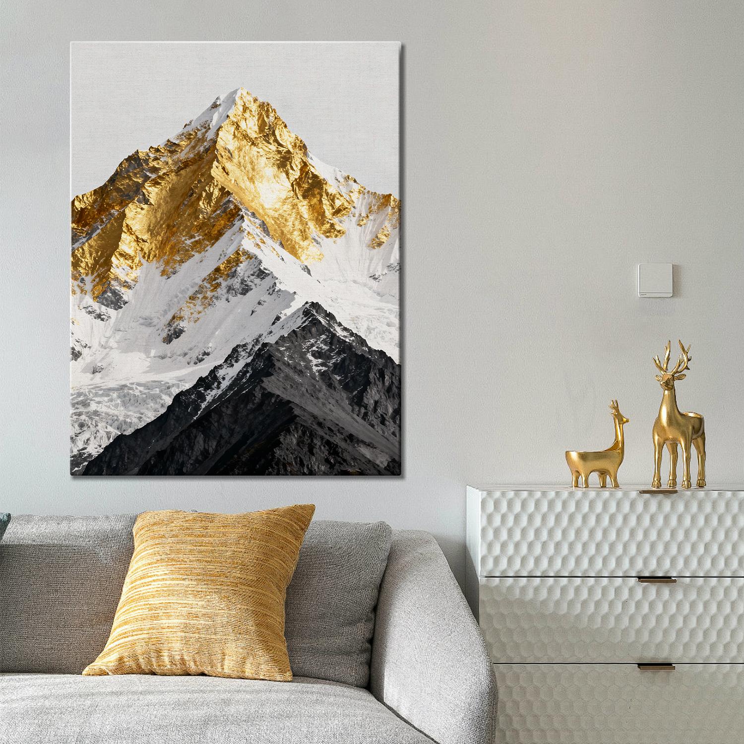 living room wall art canvas shows a snowy mountain with its summit covered in gold