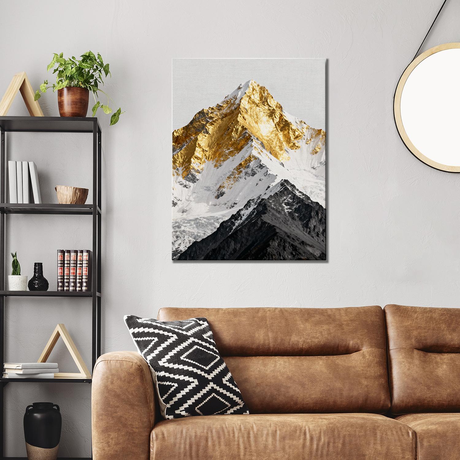 living room wall art canvas shows a snowy mountain with its summit covered in gold