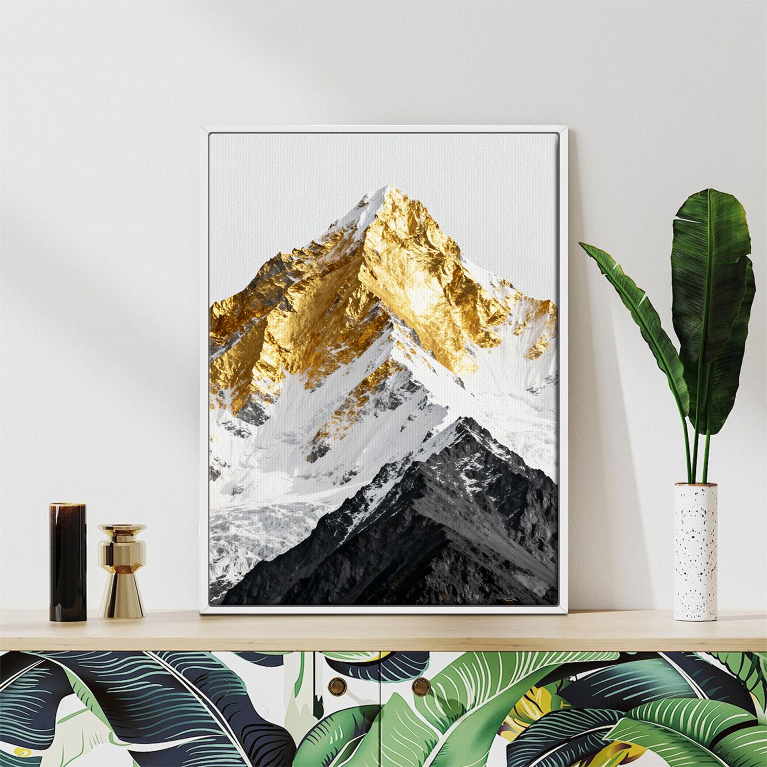 white frame wall art canvas shows a snowy mountain with its summit covered in gold