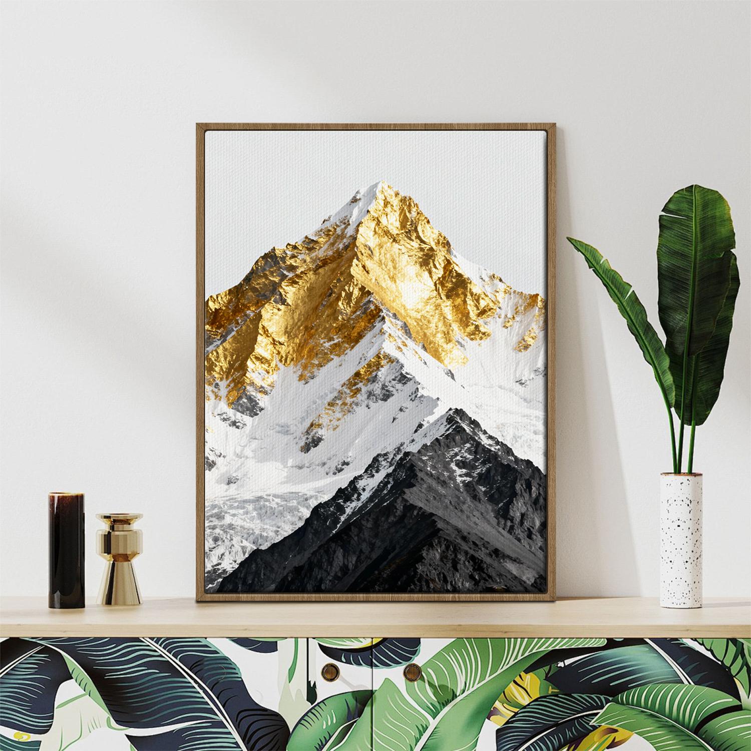 light oak color frame wall art canvas shows a snowy mountain with its summit covered in gold
