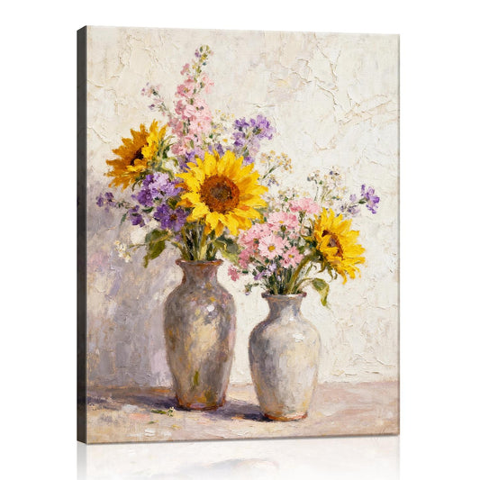 wall art canvas depicts two vases filled with colorful flowers
