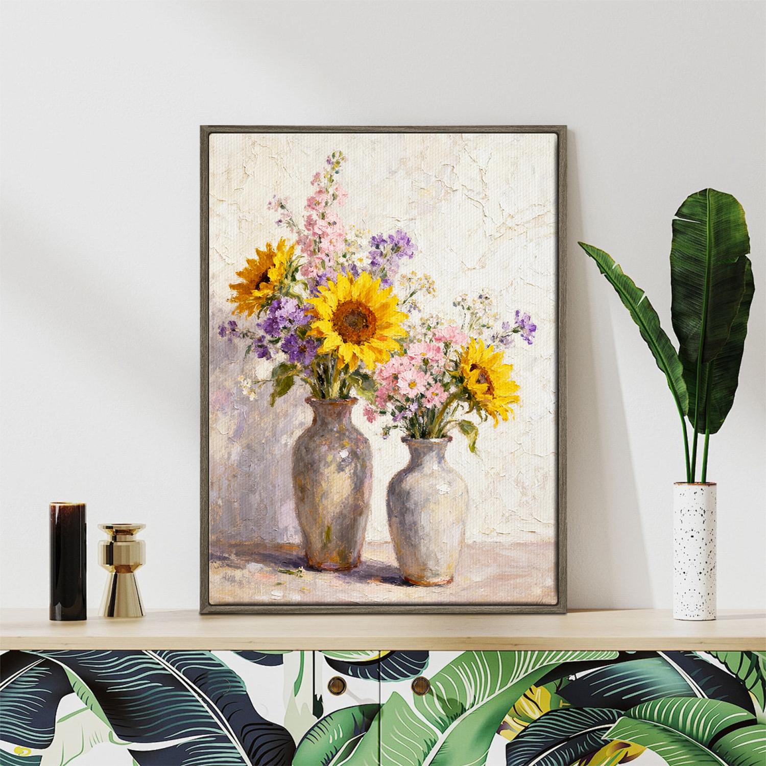 coffee frame wall art canvas depicts two vases filled with colorful flowers