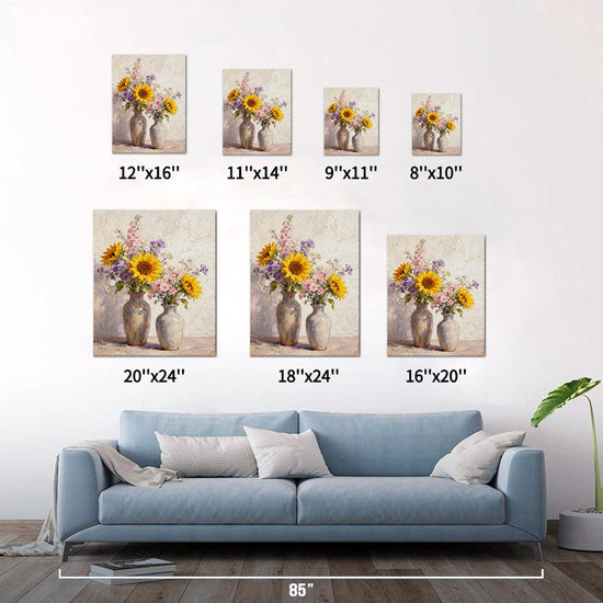 different size wall art canvas depicts two vases filled with colorful flowers