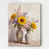 wall art canvas depicts two vases filled with colorful flowers