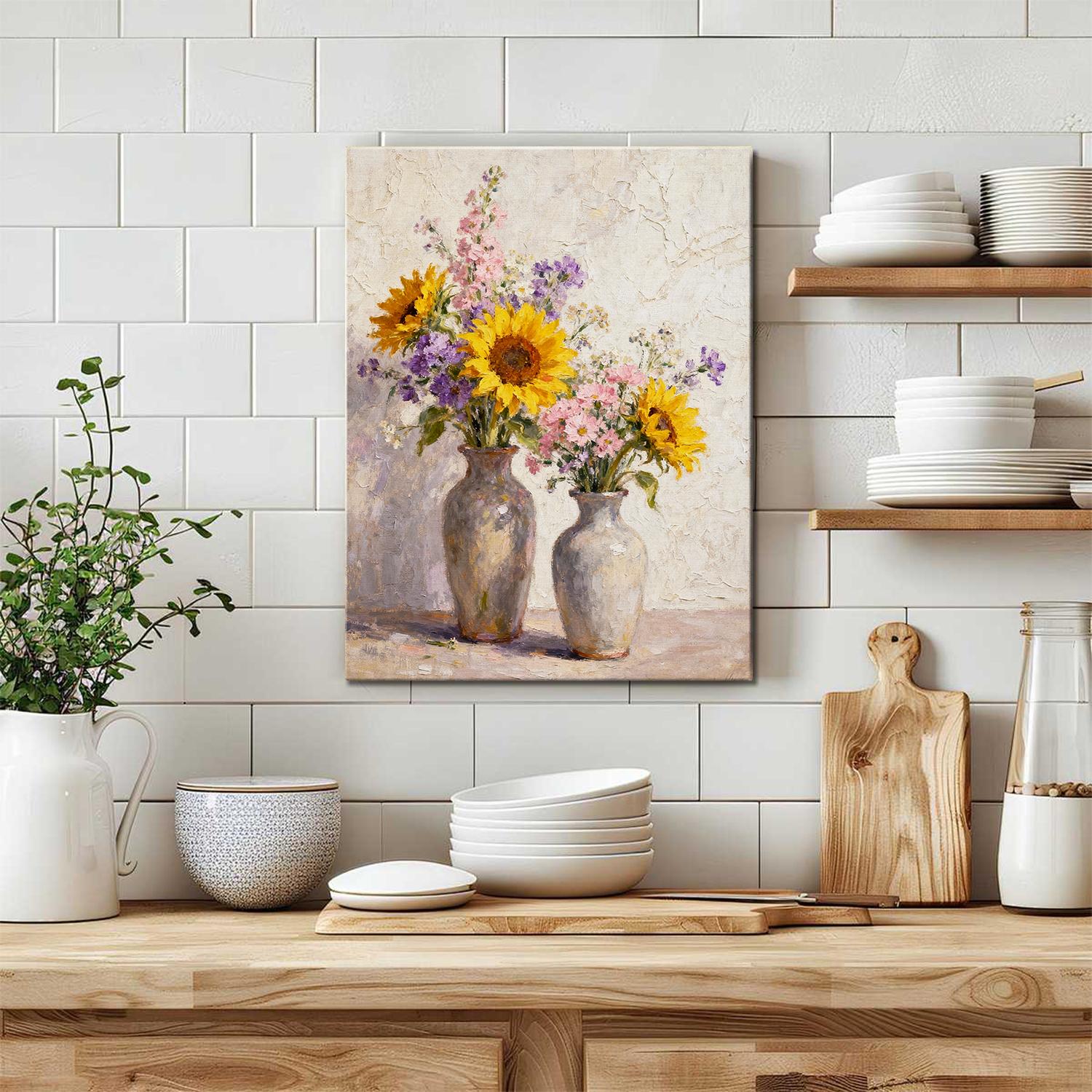 wall art canvas in the kitchen depicts two vases filled with colorful flowers