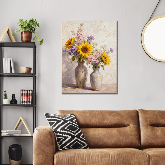 wall art canvas inthe living room  depicts two vases filled with colorful flowers