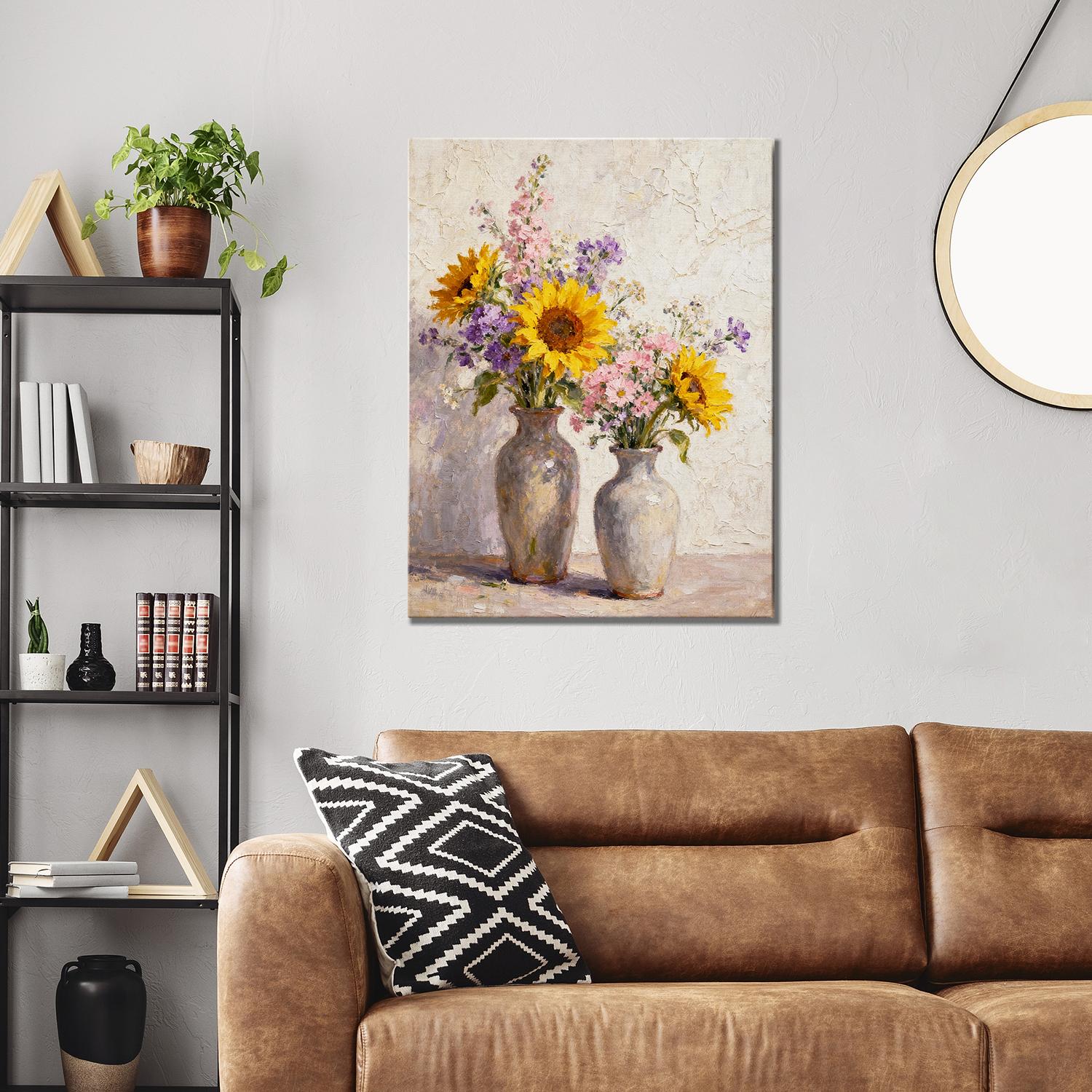 wall art canvas inthe living room  depicts two vases filled with colorful flowers