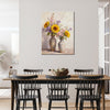 wall art canvas in the dining room depicts two vases filled with colorful flowers