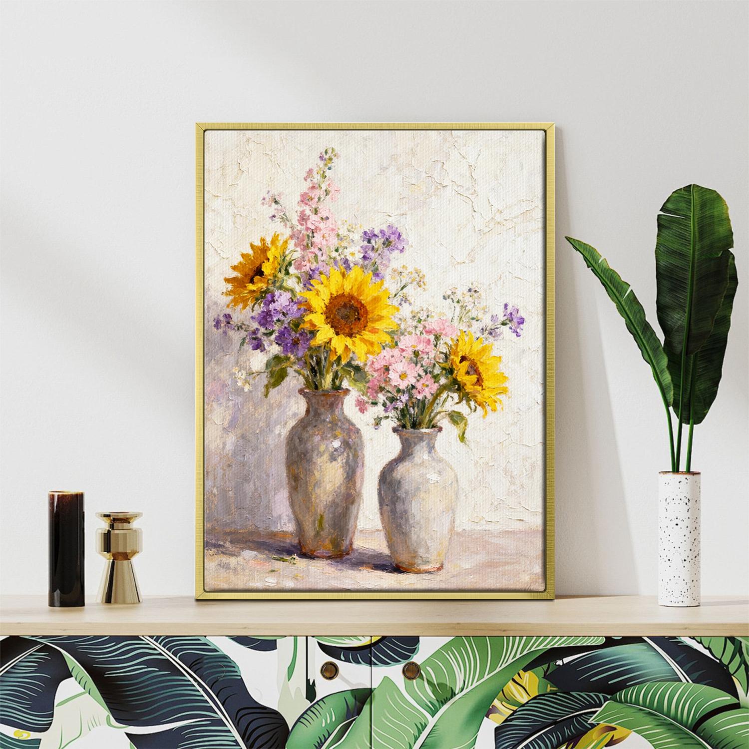 gold frame wall art canvas depicts two vases filled with colorful flowers