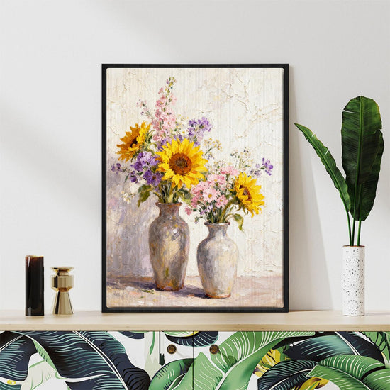 black frame wall art canvas depicts two vases filled with colorful flowers
