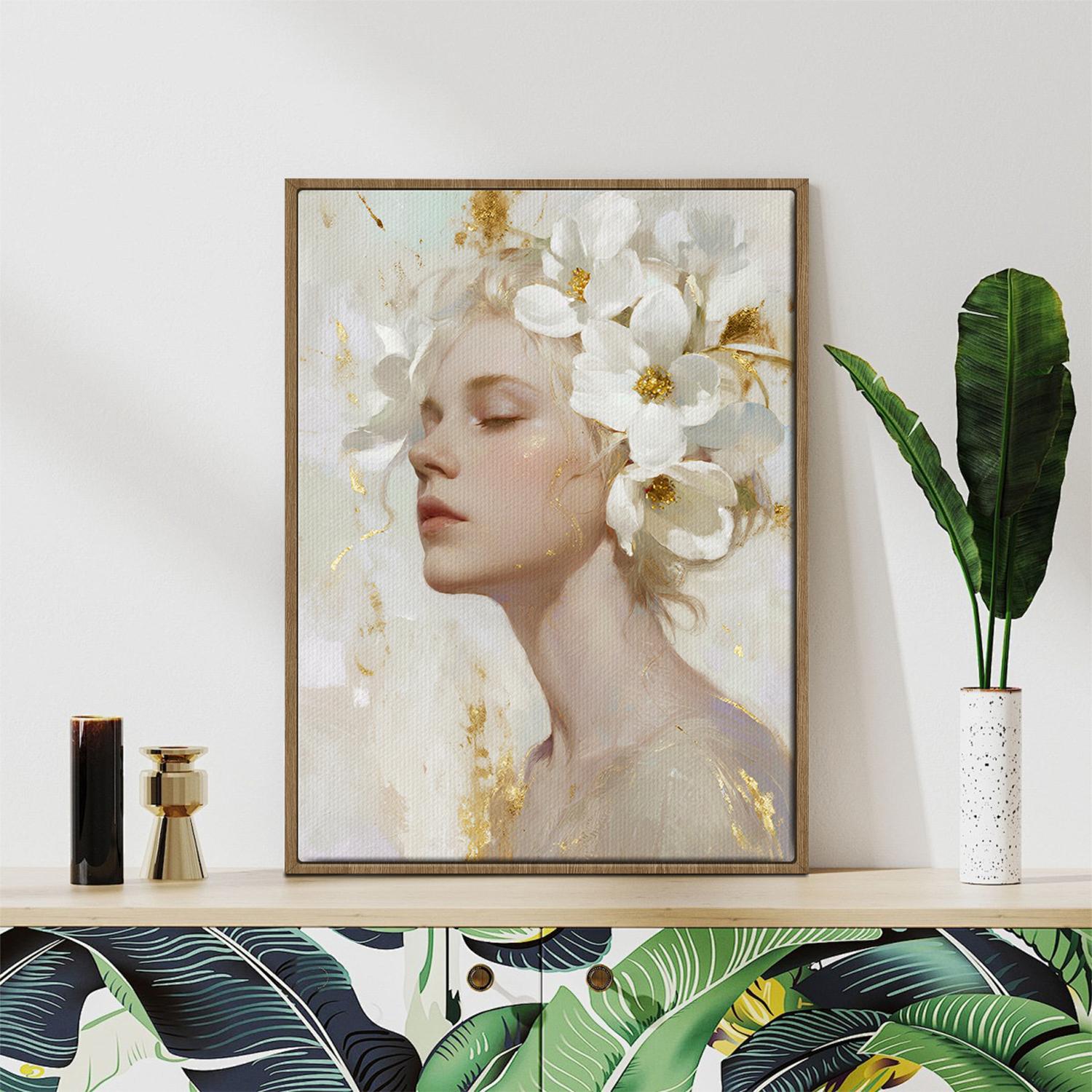 light oak color frame wall art canvas painting depicts a woman wearing white flowers