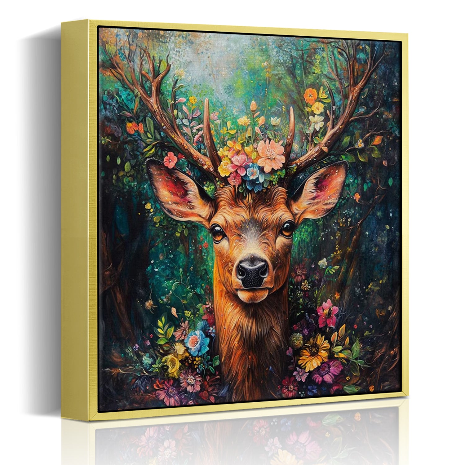 gold frame deer in flowers wall art decor painting