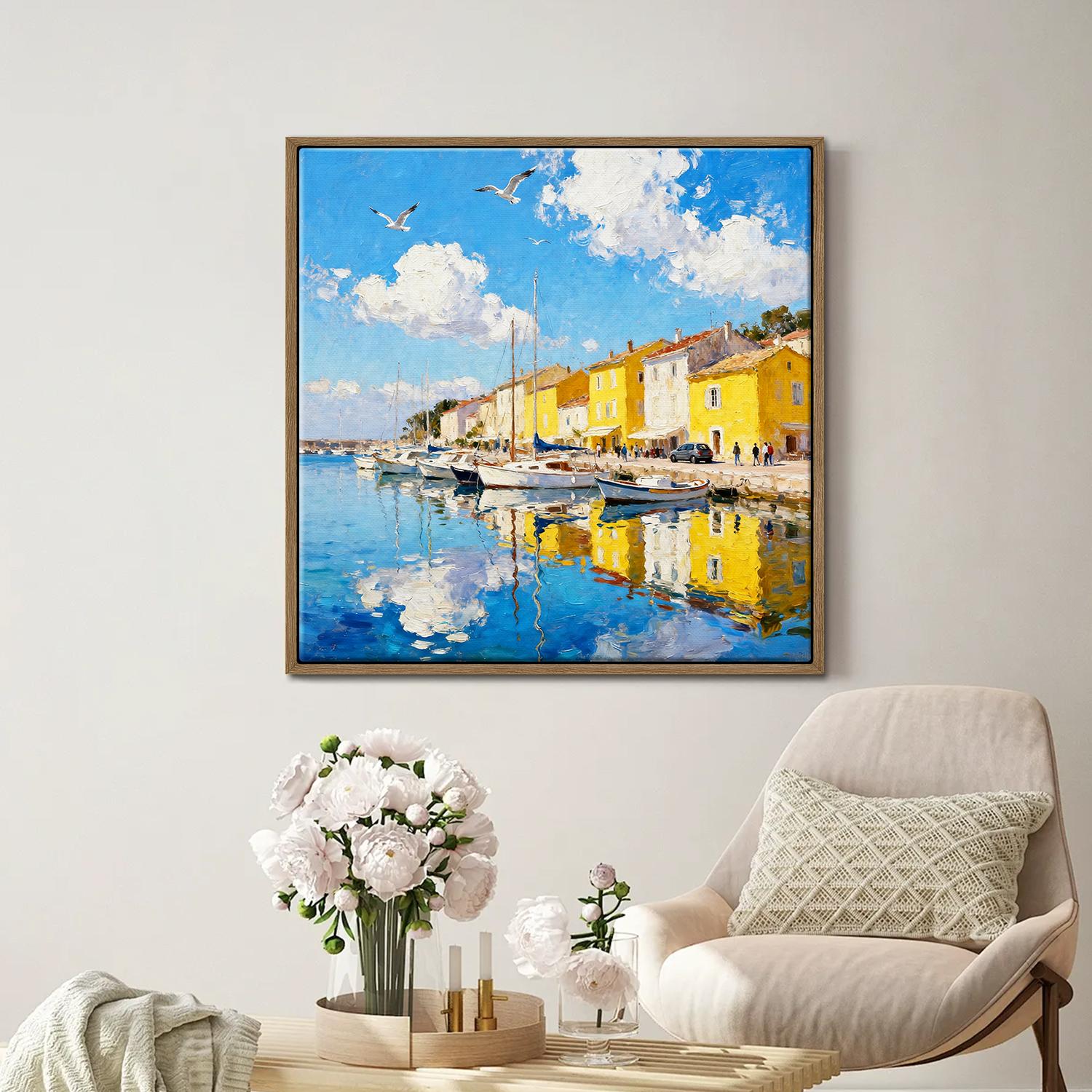 light oak color frame wall art canvas painting depicts a bright harbor scene in a seaside town
