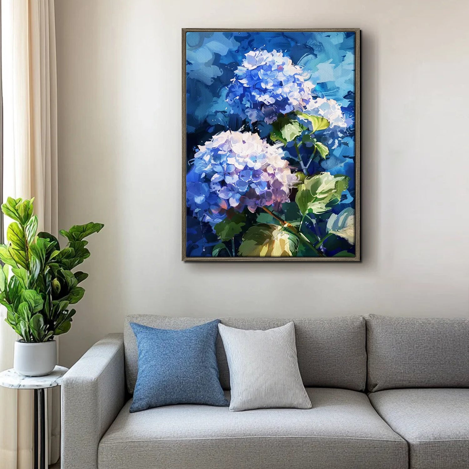 coffee frame hydrangea wall art canvas above the sofa