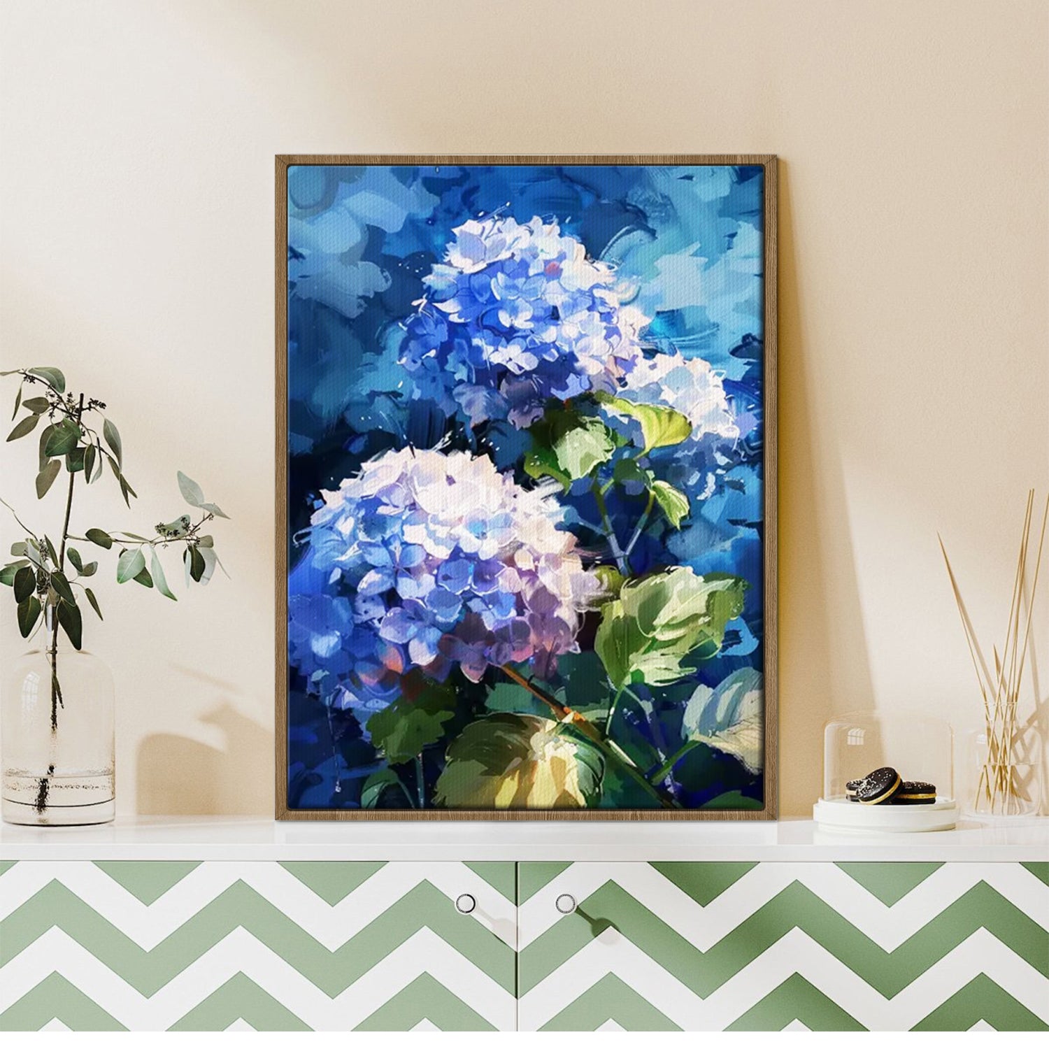 light oak frame hydrangea wall art canvas on the table