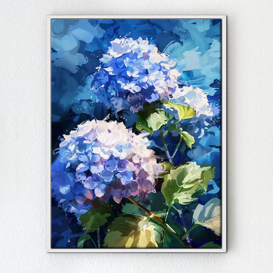 A white frame hydrangea wall art painting