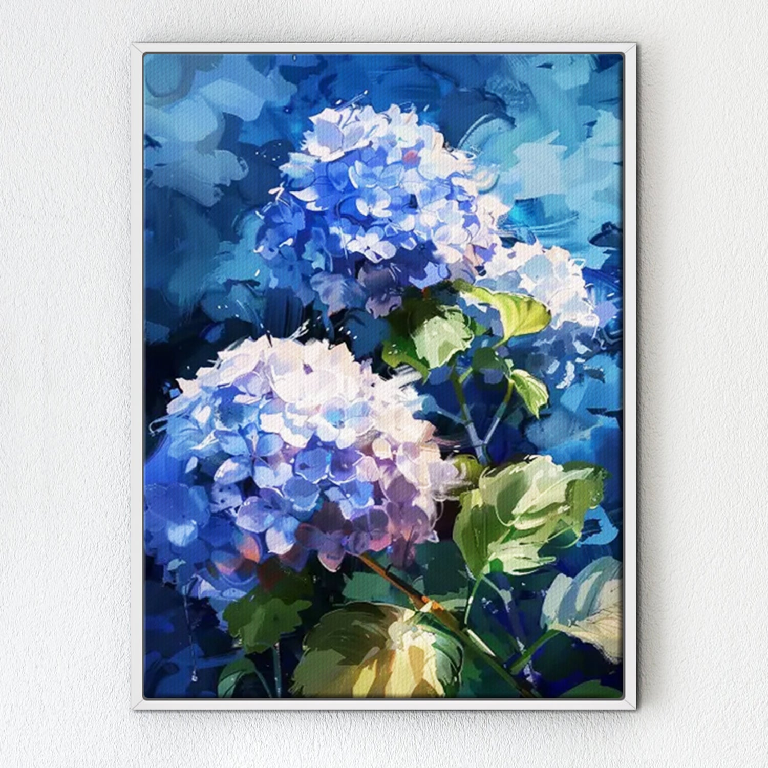 A white frame hydrangea wall art painting