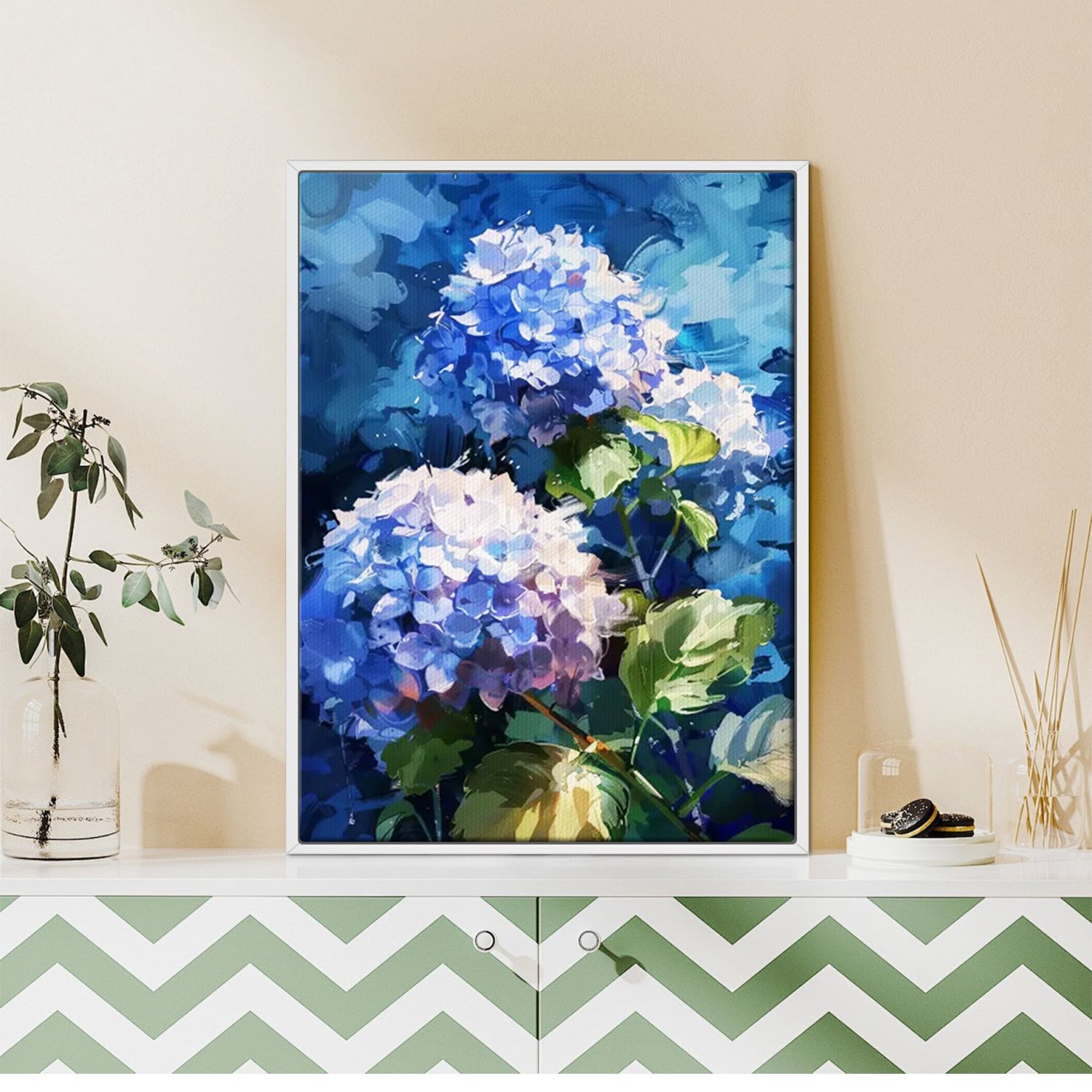 a white frame hydrangea wall art painting  on the table