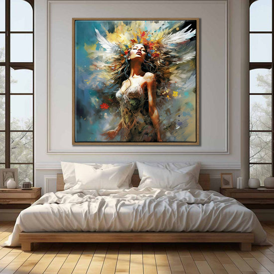 light oak color frame flower goddess wall art canvas above the bed