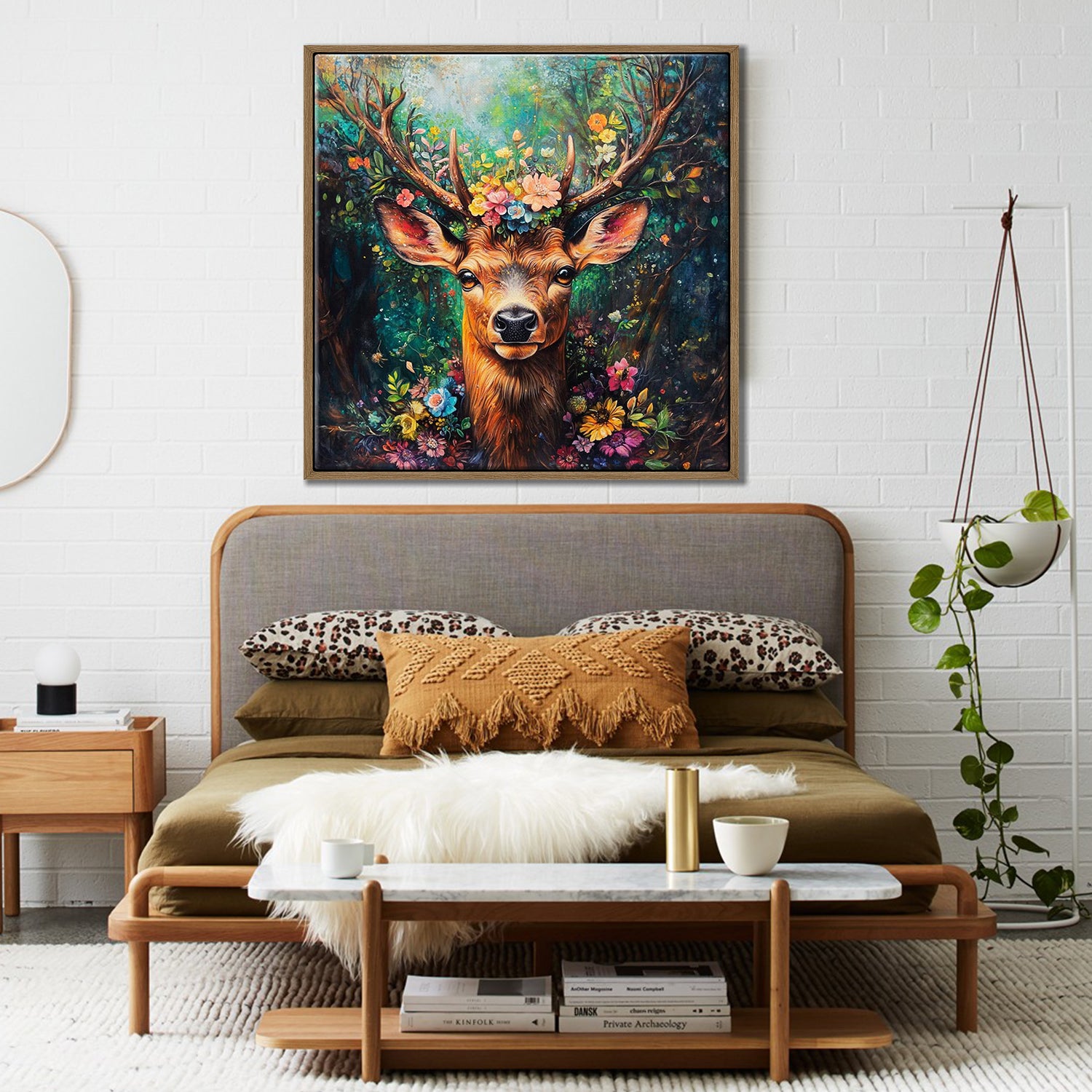 light oak frame deer wall art decor painting in the bedroom