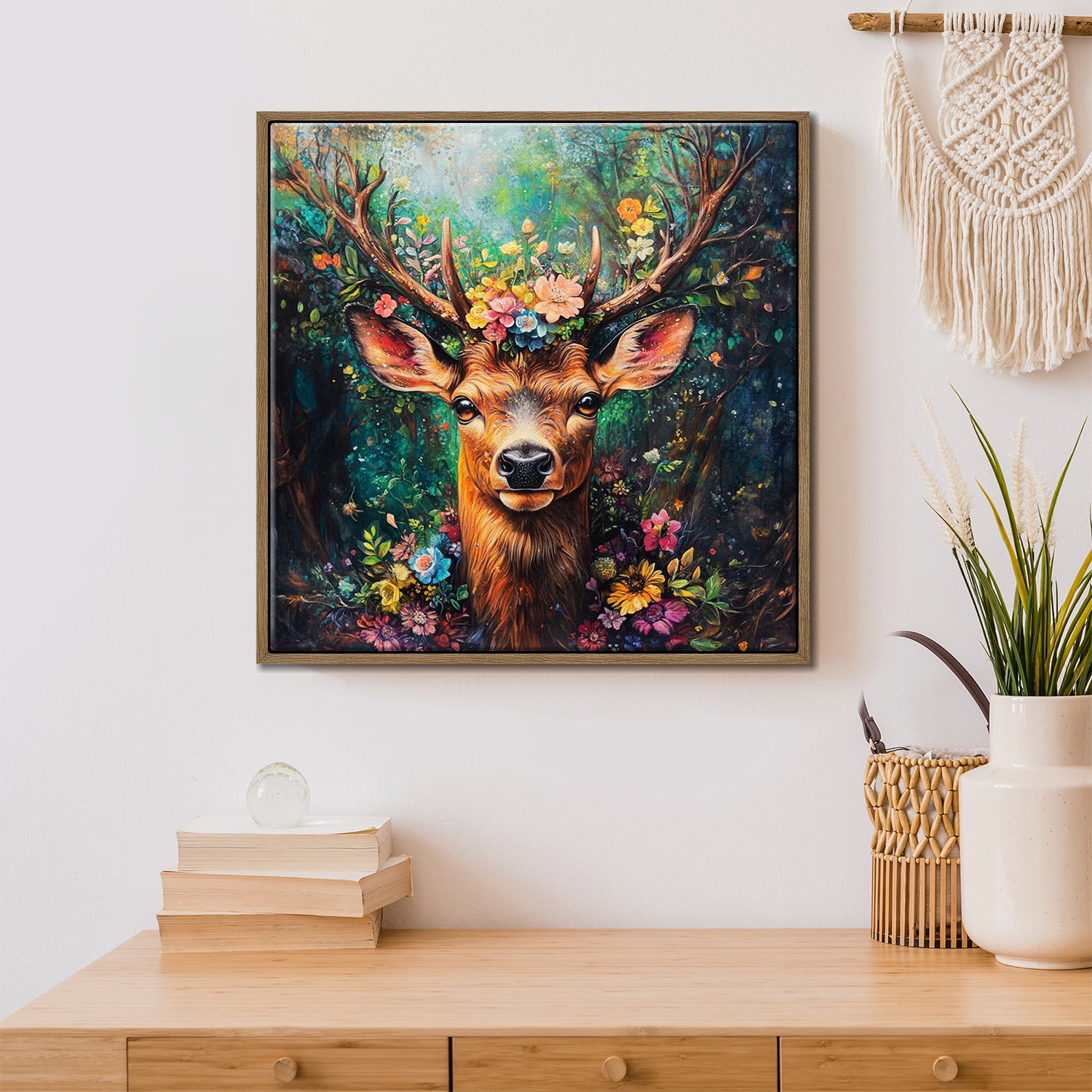 light oak frame deer wall art decor painting hung on the wall