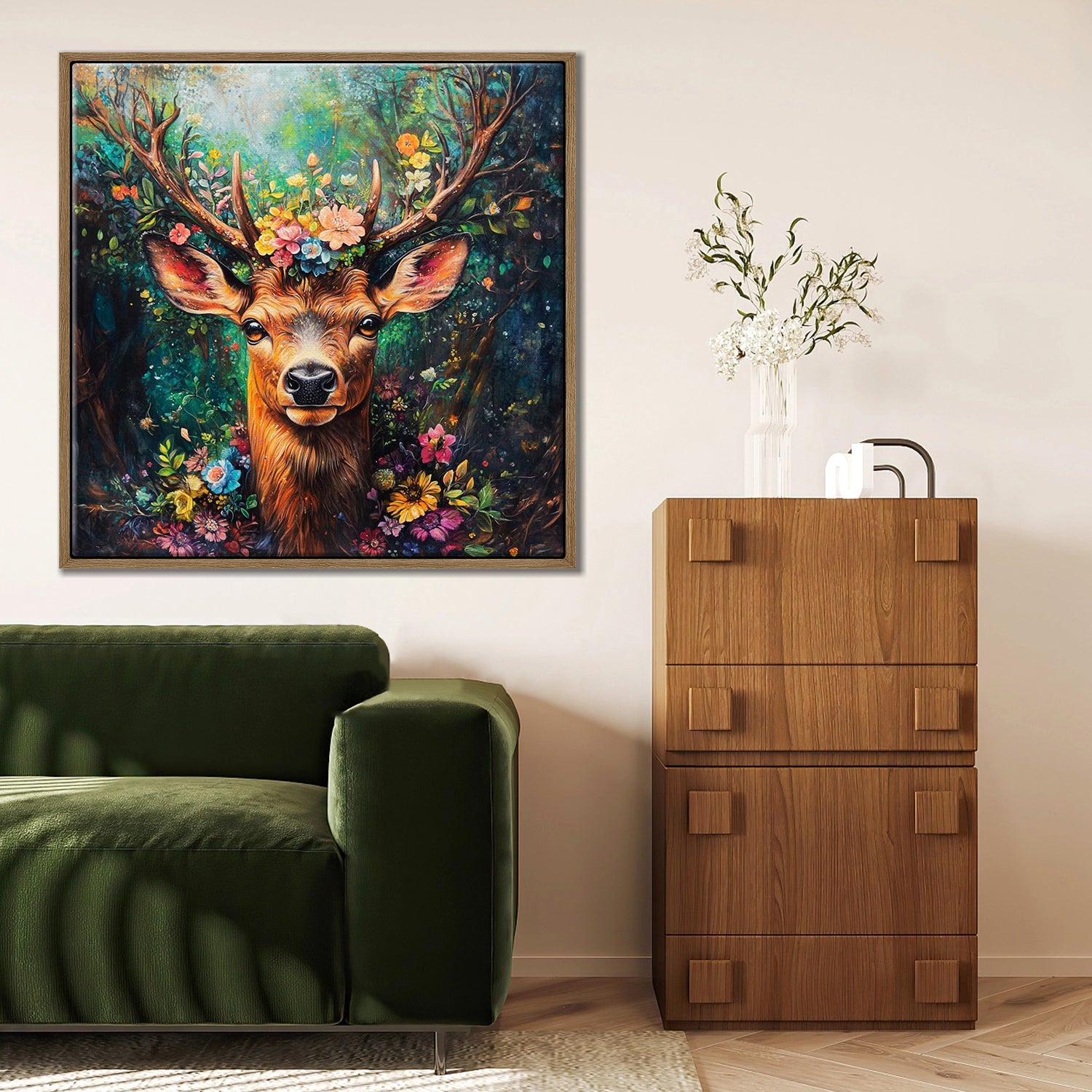 light oak frame deer wall art decor painting in the living room