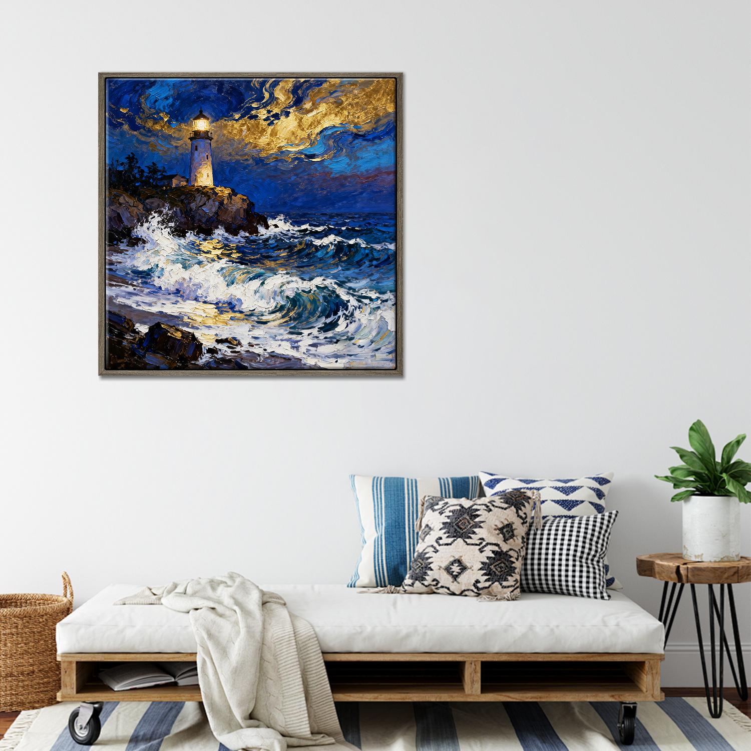 coffee frame wall art canvas painting shows the scene of a lighthouse at the seaside illuminating the surging waves at night.