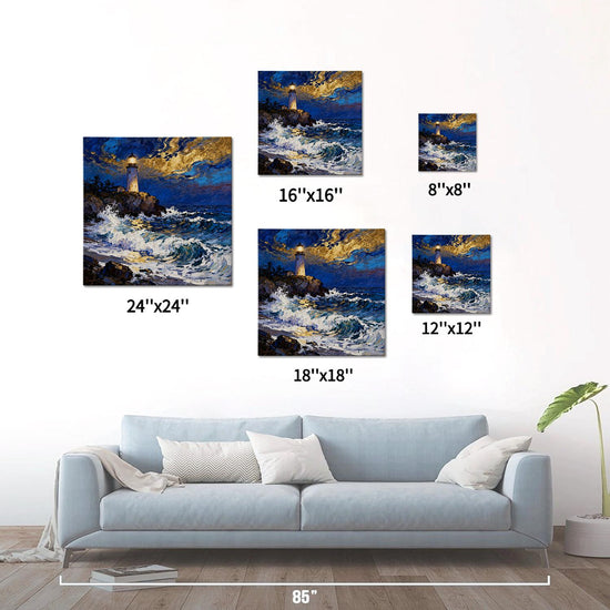 different size wall art canvas painting shows the scene of a lighthouse at the seaside illuminating the surging waves at night.