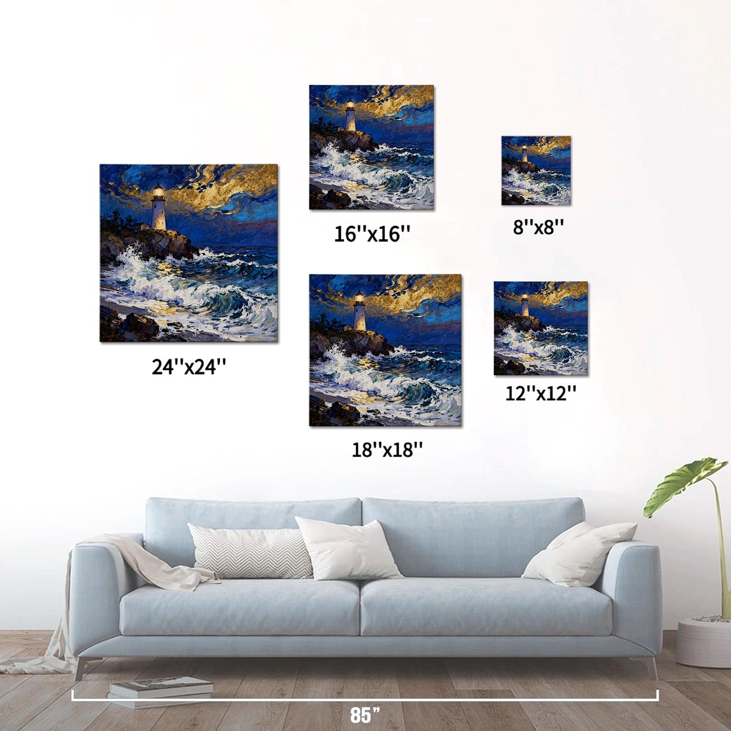 different size wall art canvas painting shows the scene of a lighthouse at the seaside illuminating the surging waves at night.