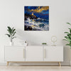 living room wall art canvas painting shows the scene of a lighthouse at the seaside illuminating the surging waves at night.