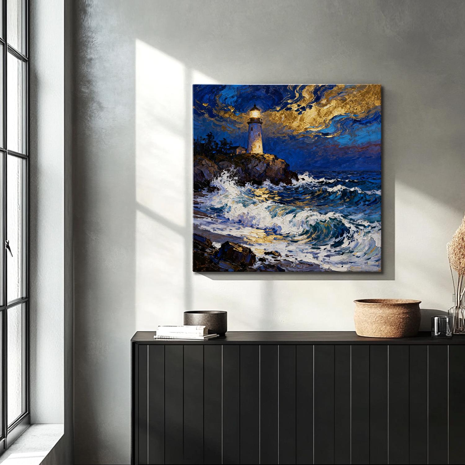 living room wall art canvas painting shows the scene of a lighthouse at the seaside illuminating the surging waves at night.