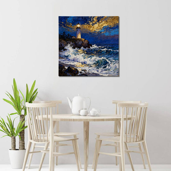dining room wall art canvas painting shows the scene of a lighthouse at the seaside illuminating the surging waves at night.