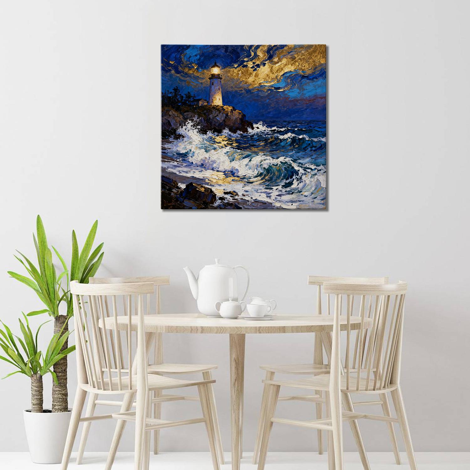 dining room wall art canvas painting shows the scene of a lighthouse at the seaside illuminating the surging waves at night.