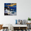 white frame wall art canvas painting shows the scene of a lighthouse at the seaside illuminating the surging waves at night.