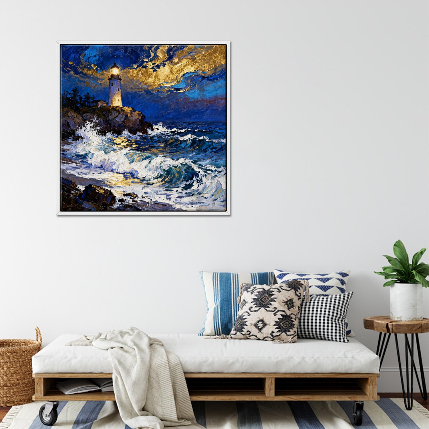 white frame wall art canvas painting shows the scene of a lighthouse at the seaside illuminating the surging waves at night.