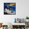 black frame wall art canvas painting shows the scene of a lighthouse at the seaside illuminating the surging waves at night.
