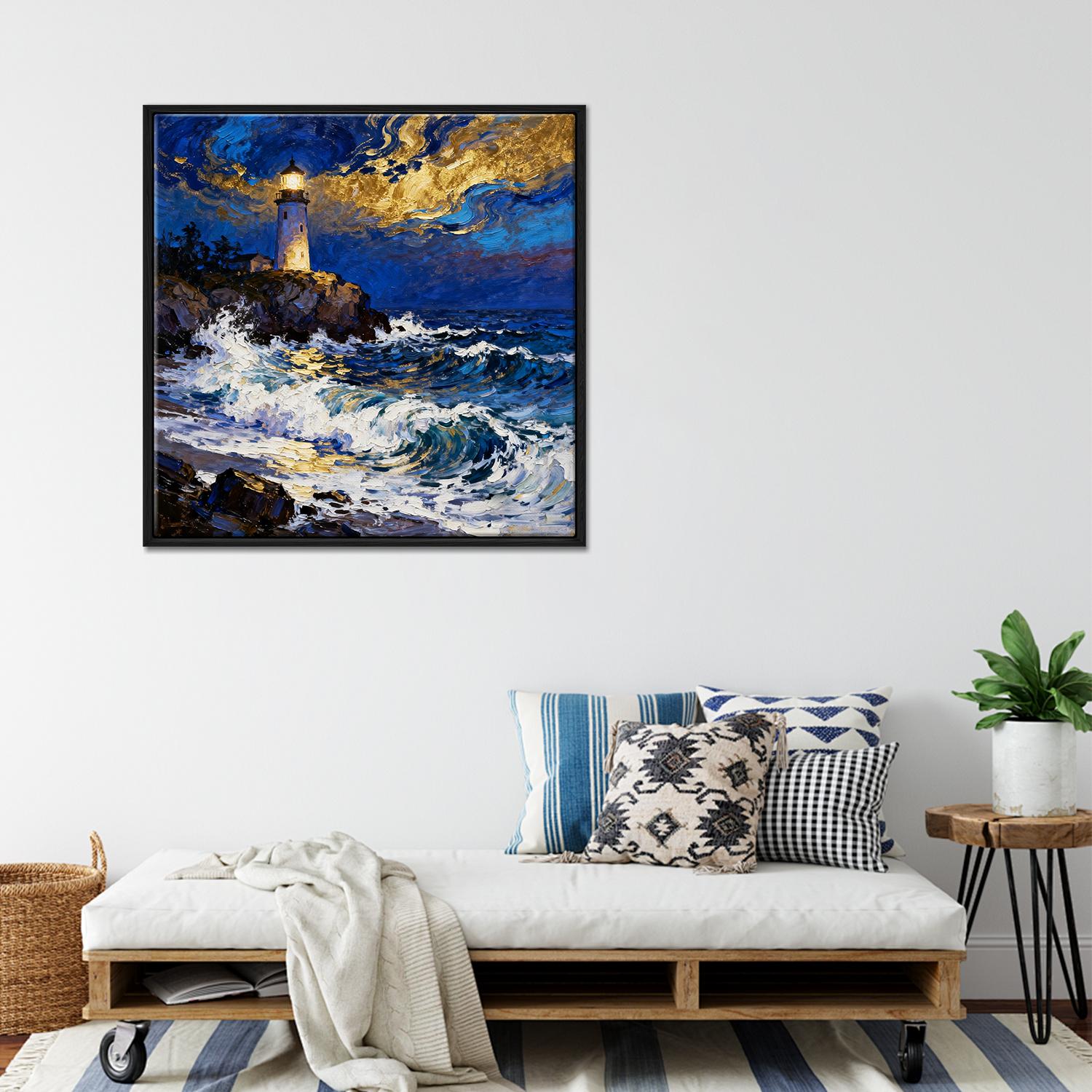 black frame wall art canvas painting shows the scene of a lighthouse at the seaside illuminating the surging waves at night.