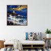 light oak color frame wall art canvas painting shows the scene of a lighthouse at the seaside illuminating the surging waves at night.