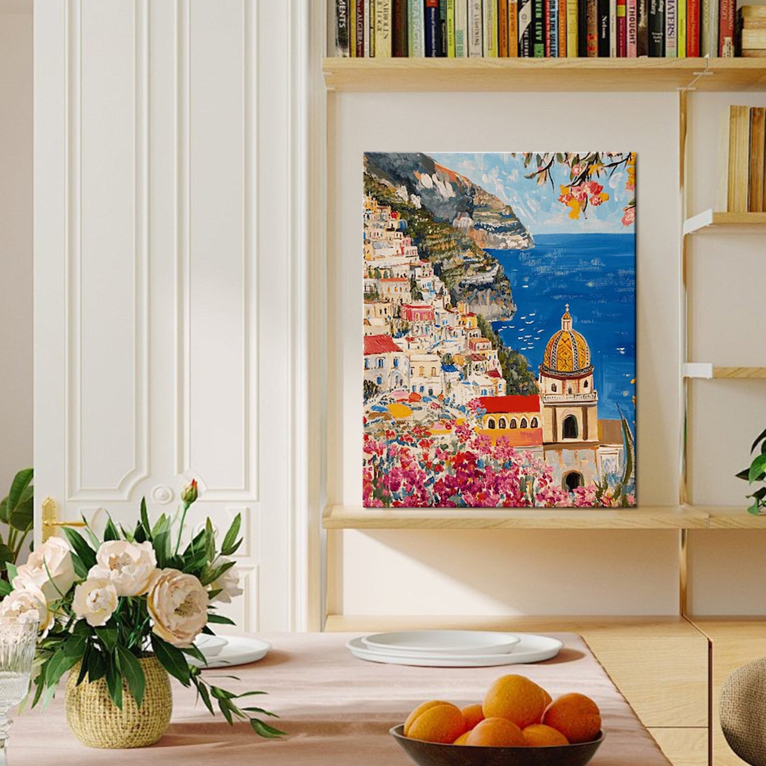seaside town scenery wall art painting on bookshelf