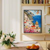 black frame seaside town scenery wall art painting on bookshelf