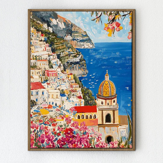 light oak frame seaside town scenery wall art painting on the booksheif