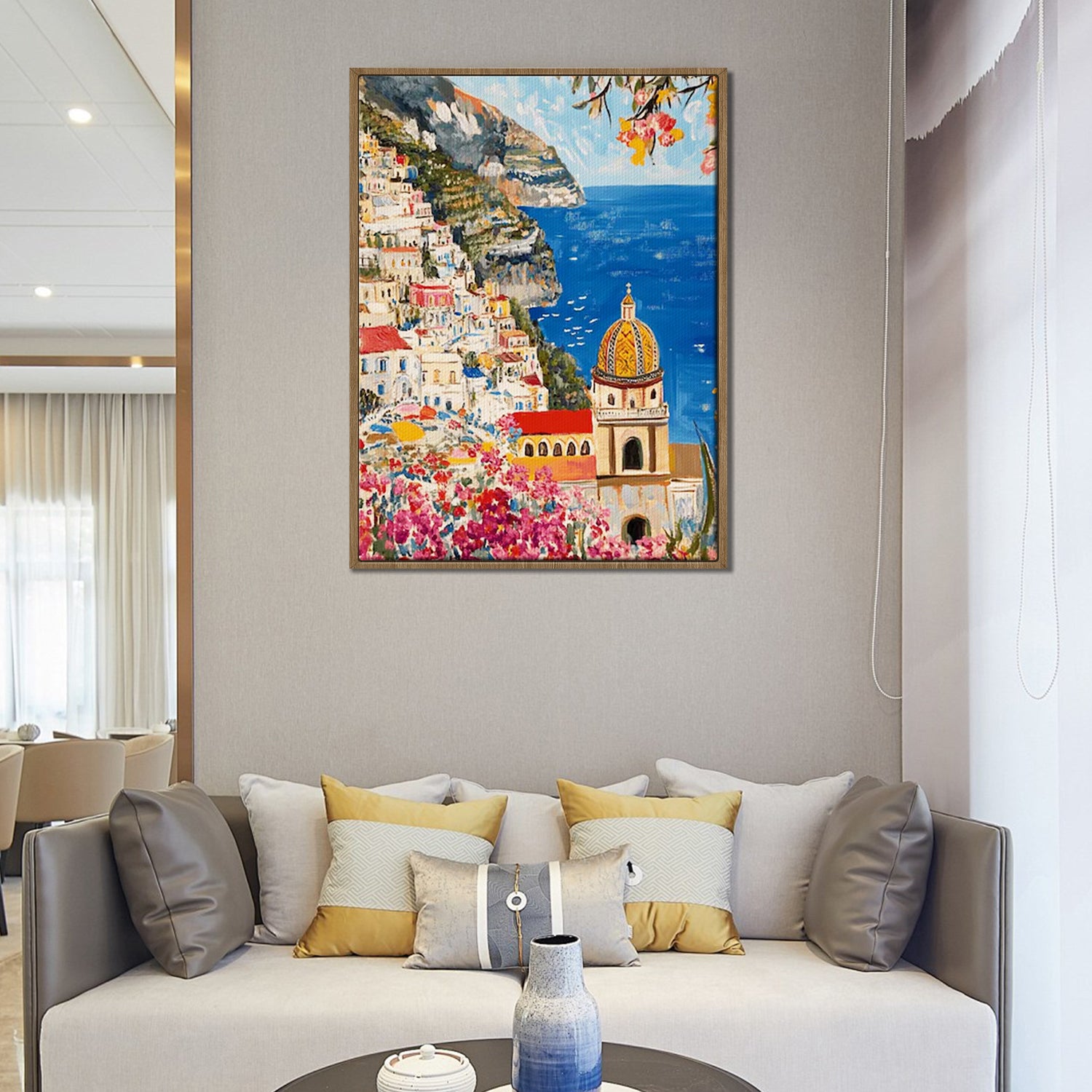 gold frame seaside town scenery wall art painting above the sofa