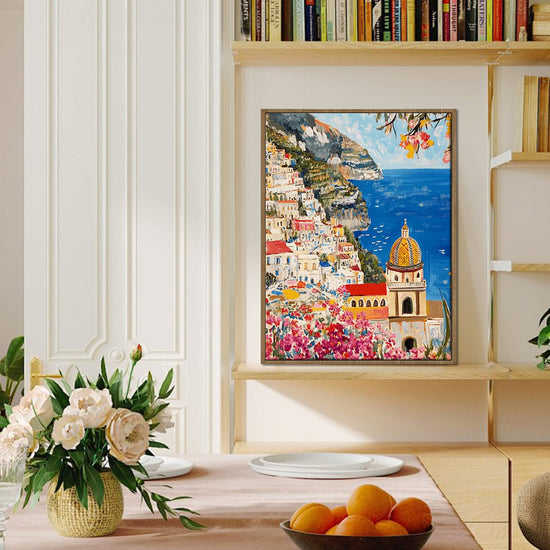 light oak frame seaside town scenery wall art painting on the booksheif