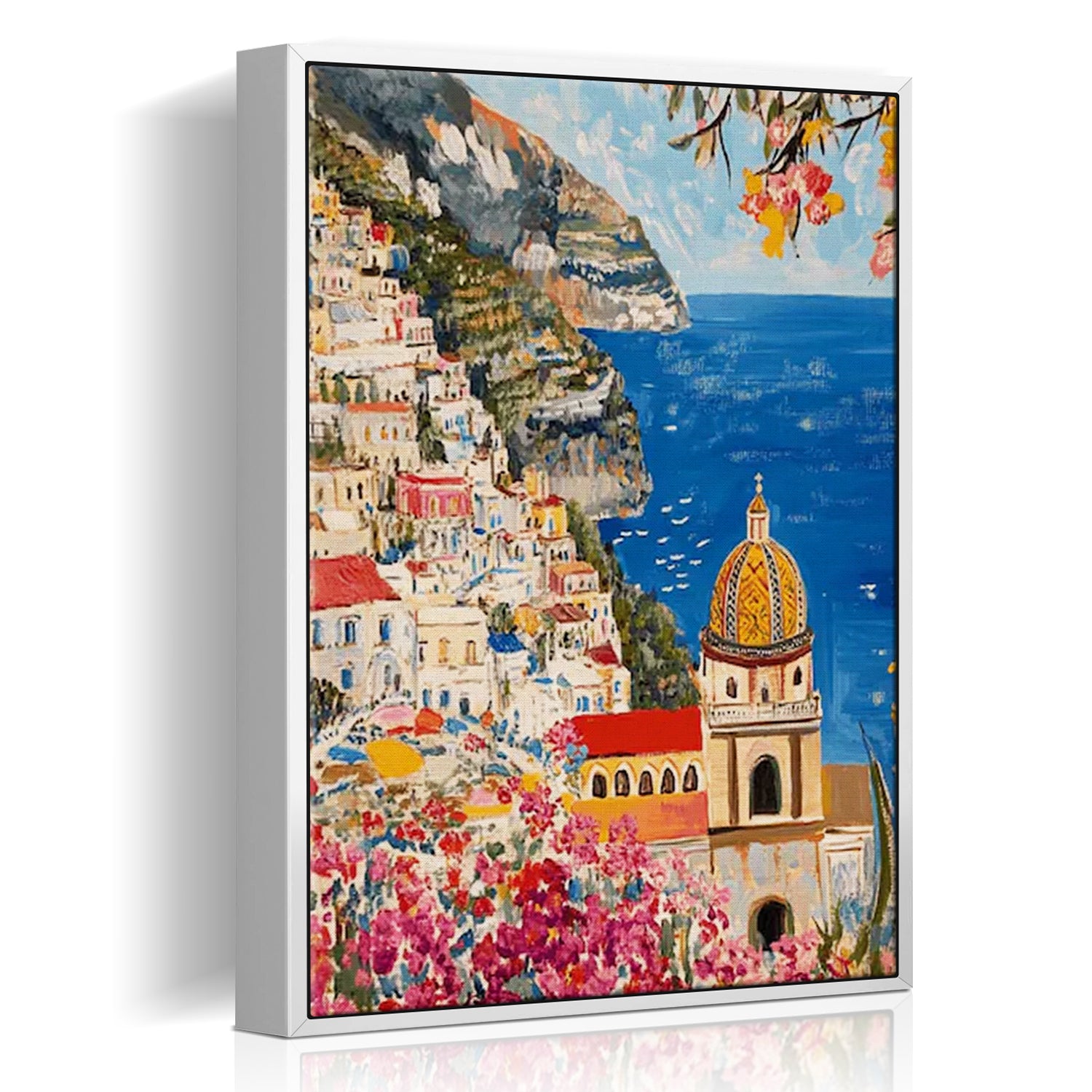 white frame seaside town scenery wall art painting canvas