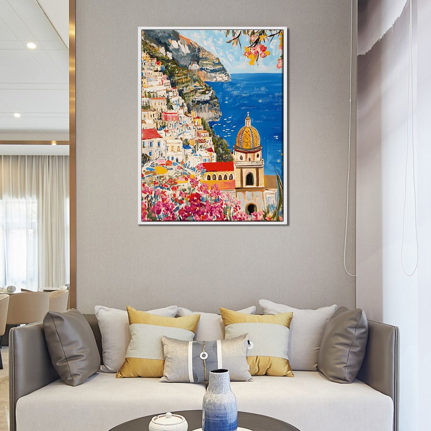 white frame seaside town scenery wall art painting canvas above the sofa