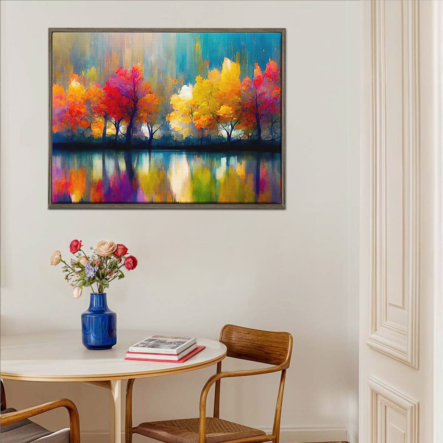 coffee frame abstract trees and reflection wall art canvas in the living room