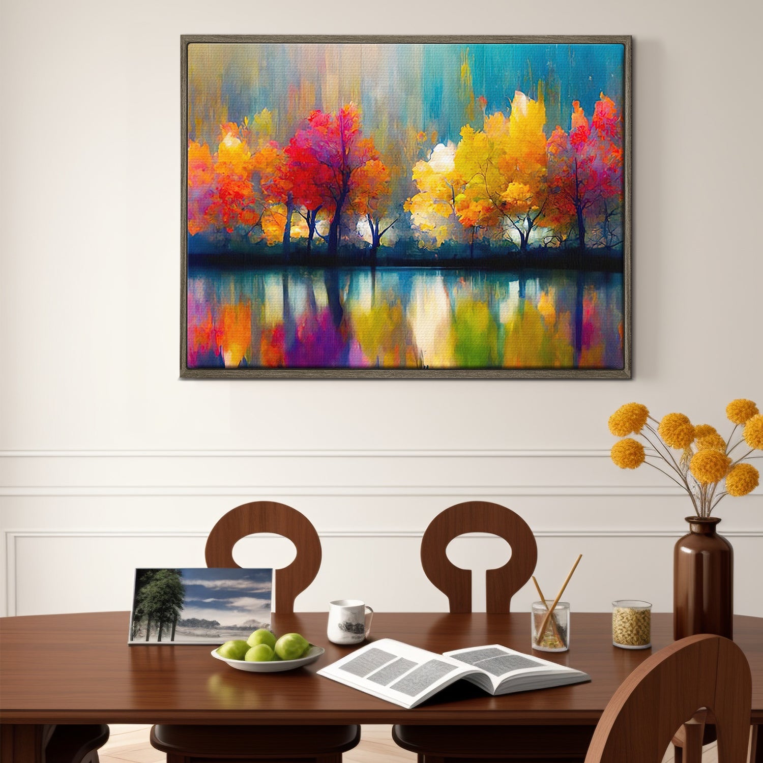 coffee frame abstract trees and reflection wall art canvas in the living room