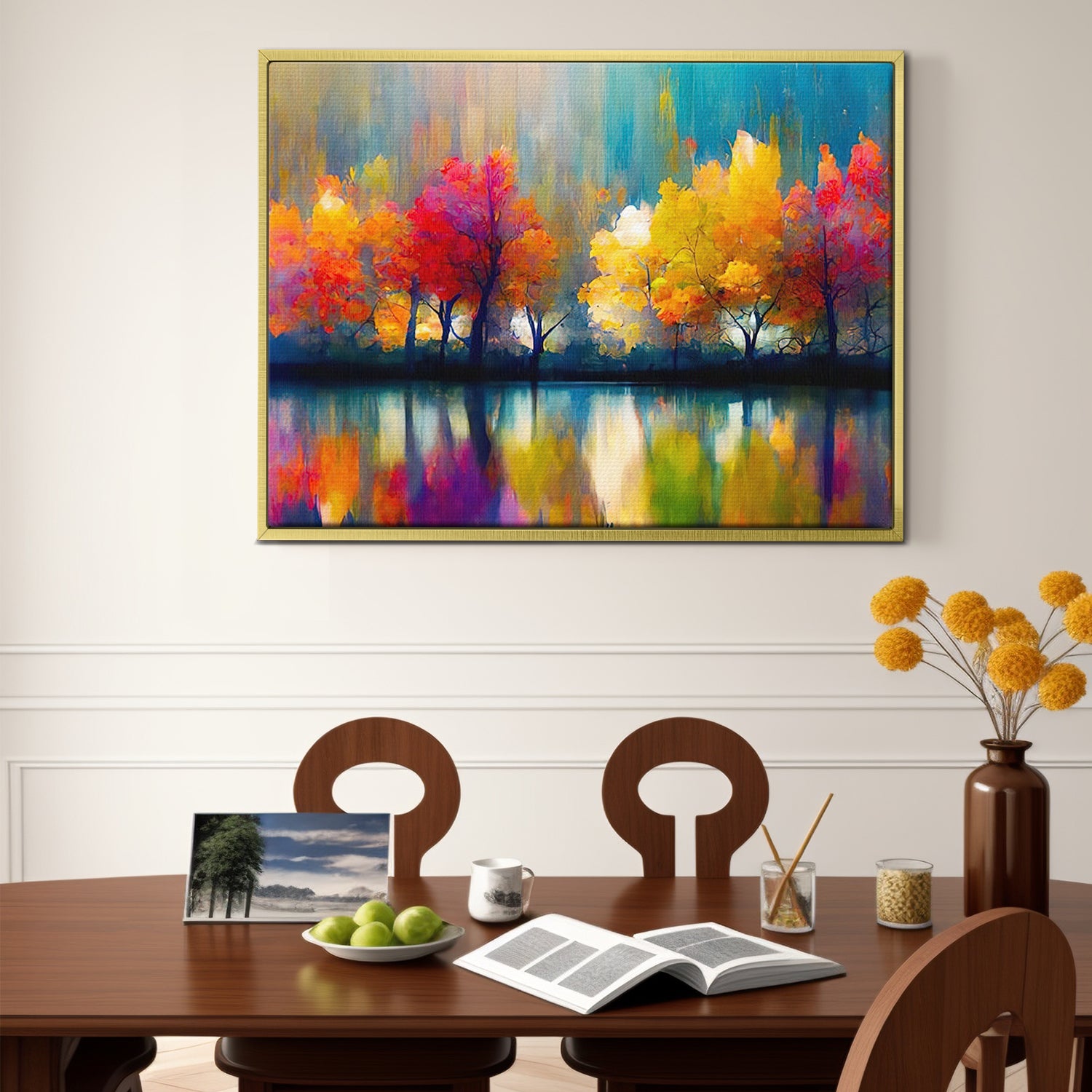 1 piece gold frame abstract trees and reflection wall art canvas in the living room