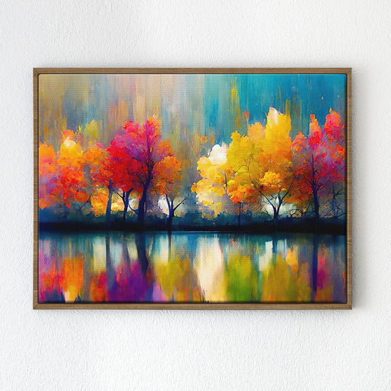 light oak color frame abstract trees and reflection wall art canvas
