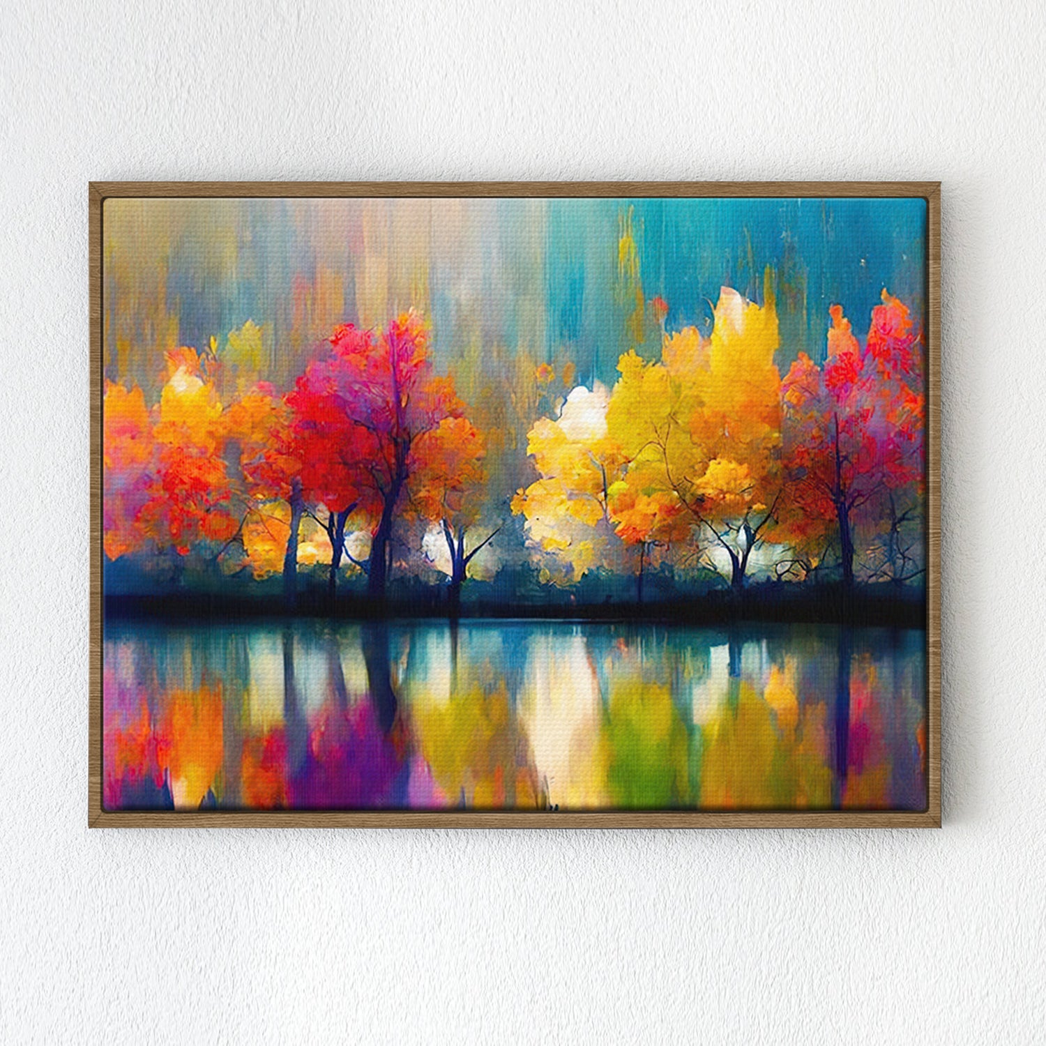 light oak color frame abstract trees and reflection wall art canvas
